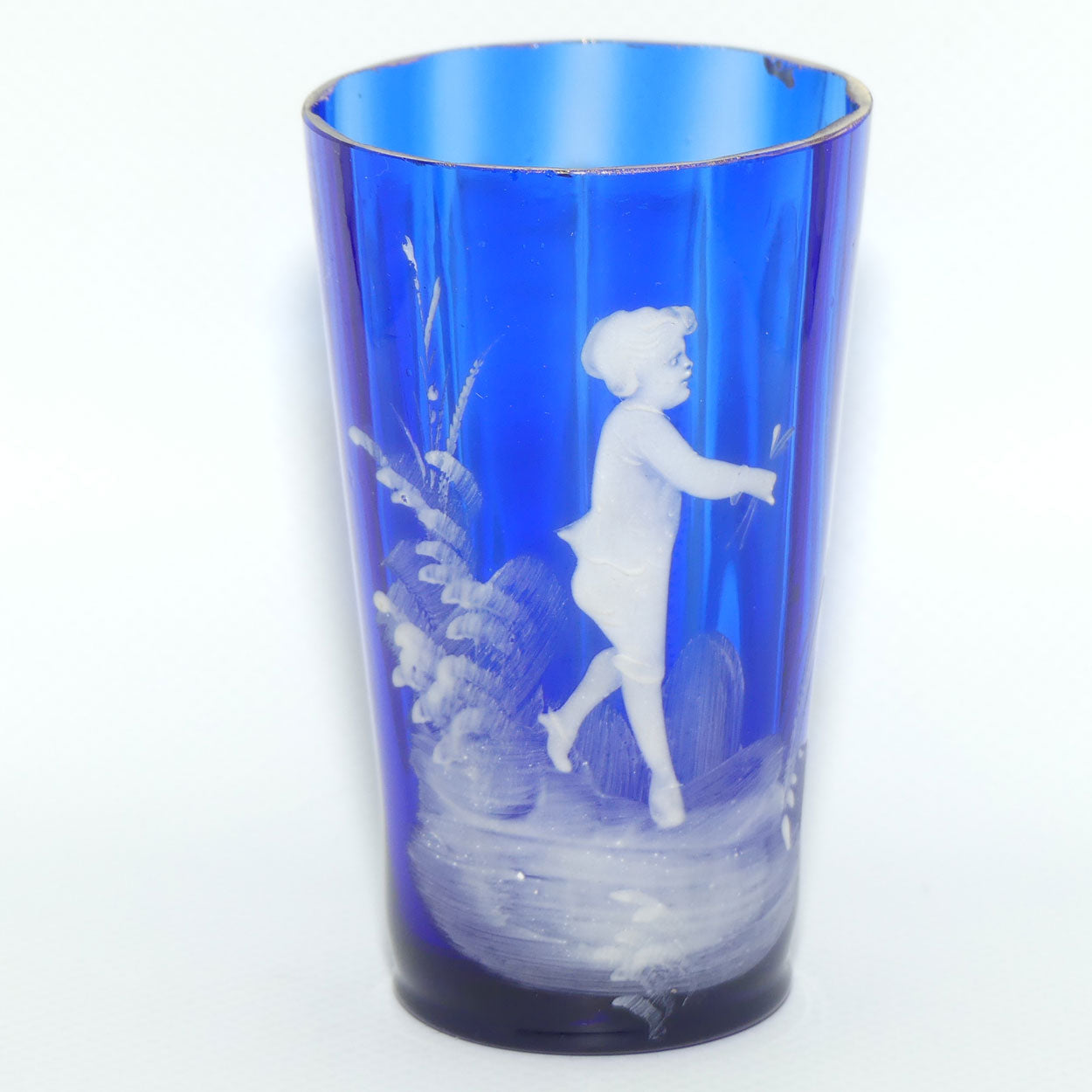 Victorian Cobalt Blue Mary Gregory handled tumbler | #1 | Boy with Flower