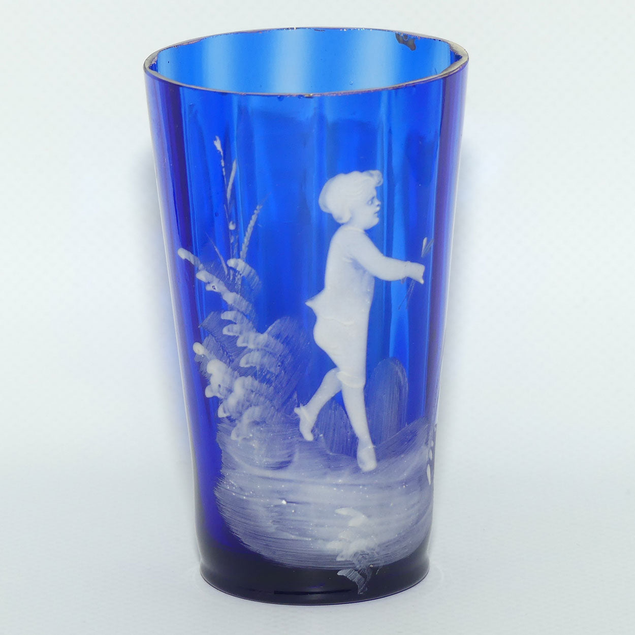 Victorian Cobalt Blue Mary Gregory handled tumbler | #1 | Boy with Flower