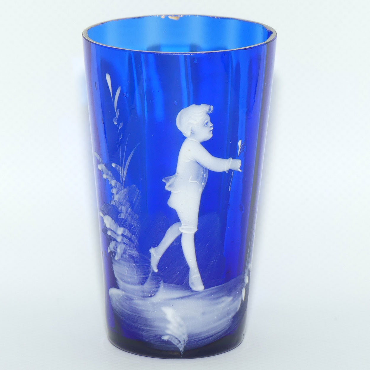Victorian Cobalt Blue Mary Gregory handled tumbler | #2 | Boy with Flower