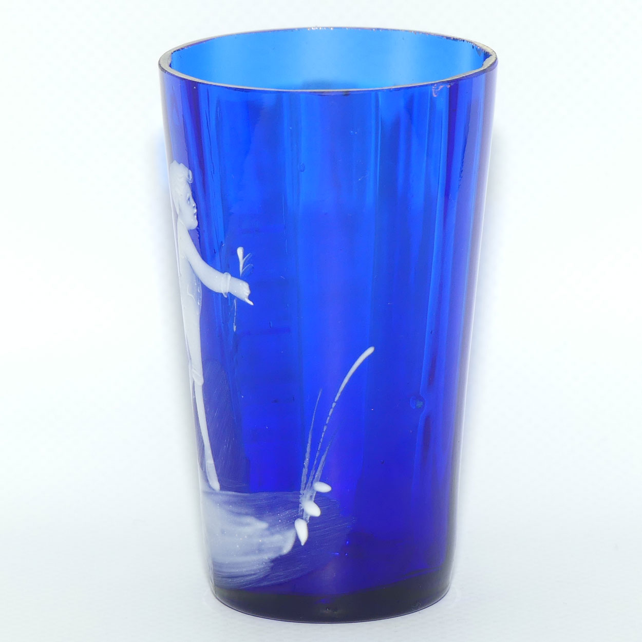 Victorian Cobalt Blue Mary Gregory handled tumbler | #2 | Boy with Flower