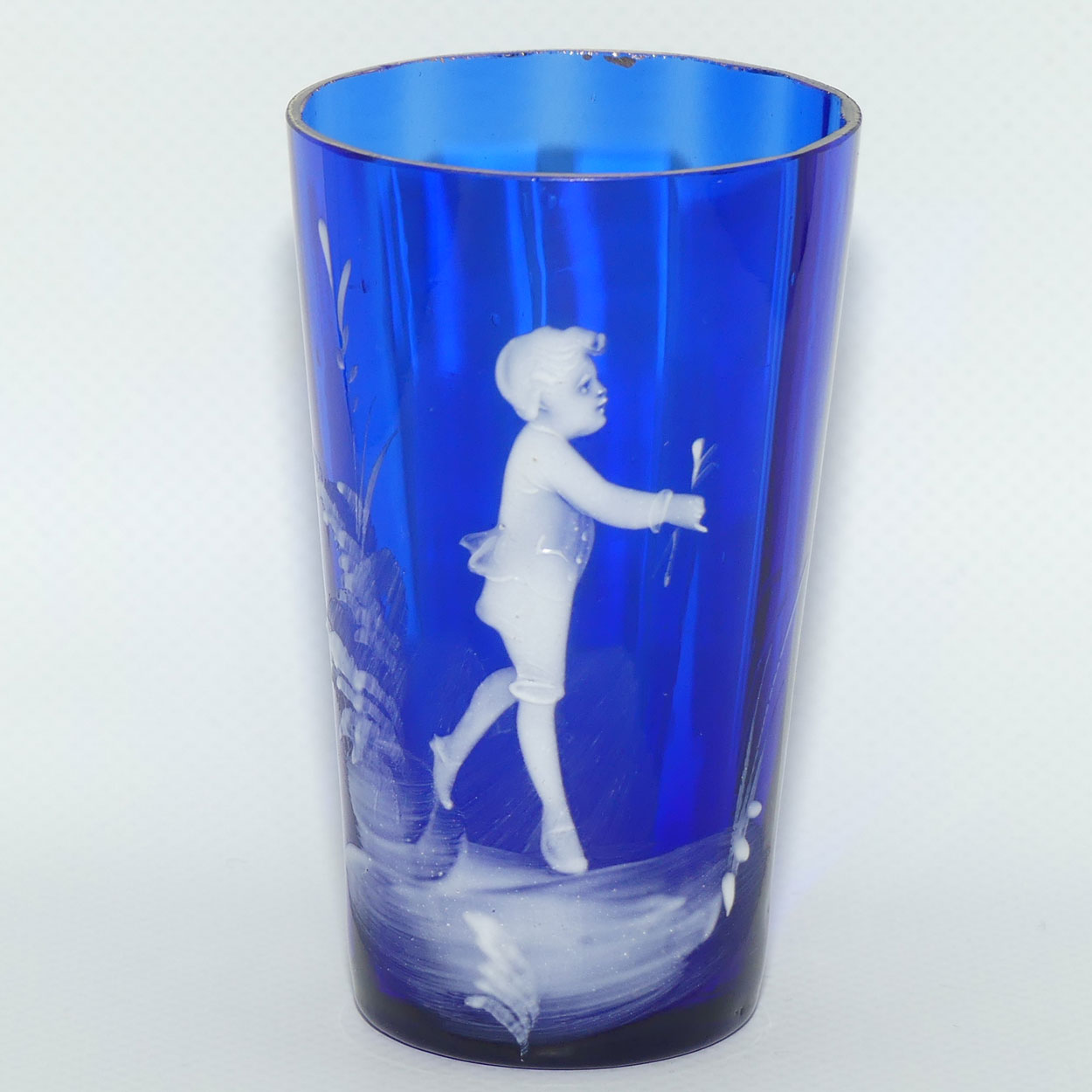 Victorian Cobalt Blue Mary Gregory handled tumbler | #2 | Boy with Flower