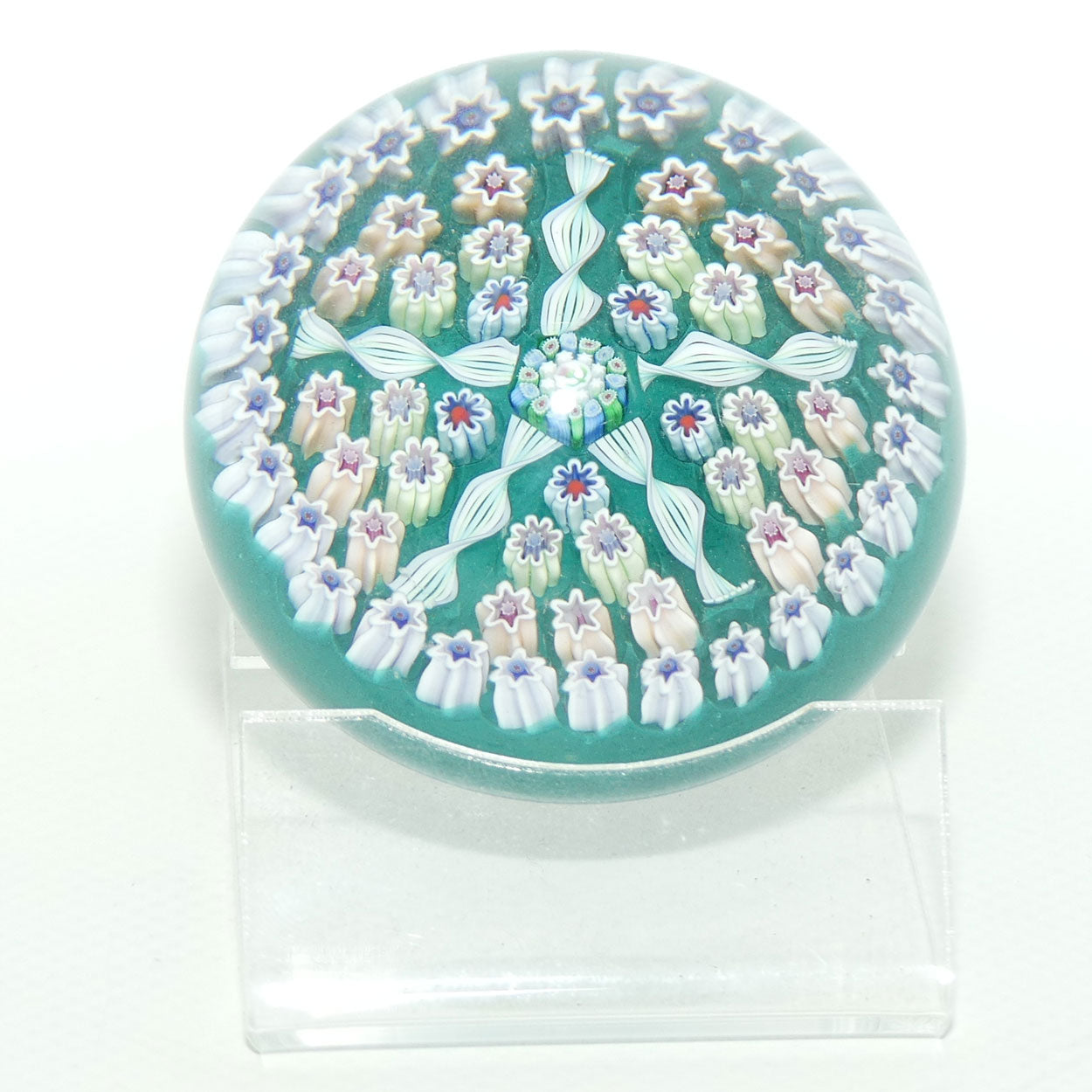 John Deacons Scotland Millefiori 5 Spoke small paperweight | Emerald