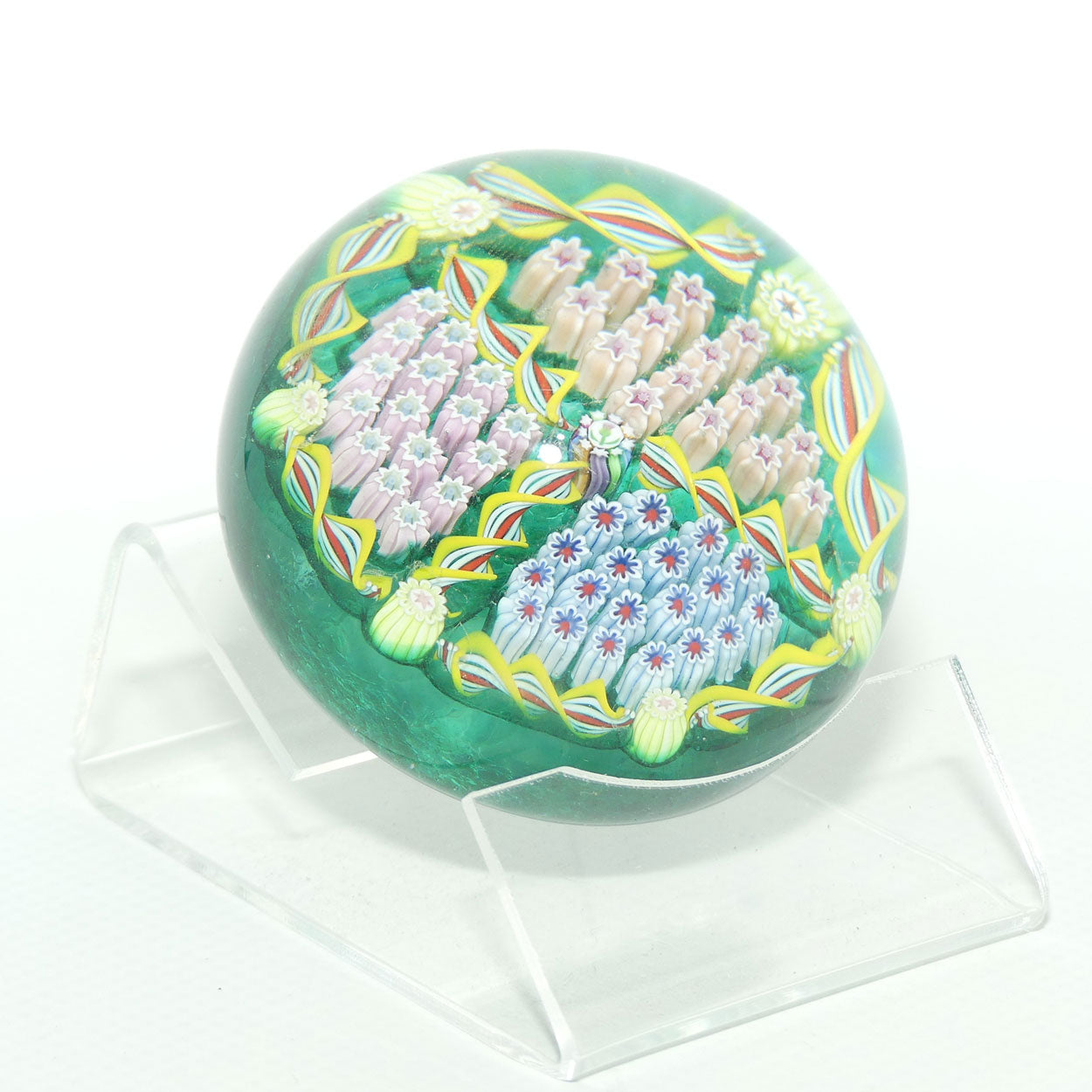 John Deacons Scotland Millefiori Triple Spoke Hub small paperweight | Emerald