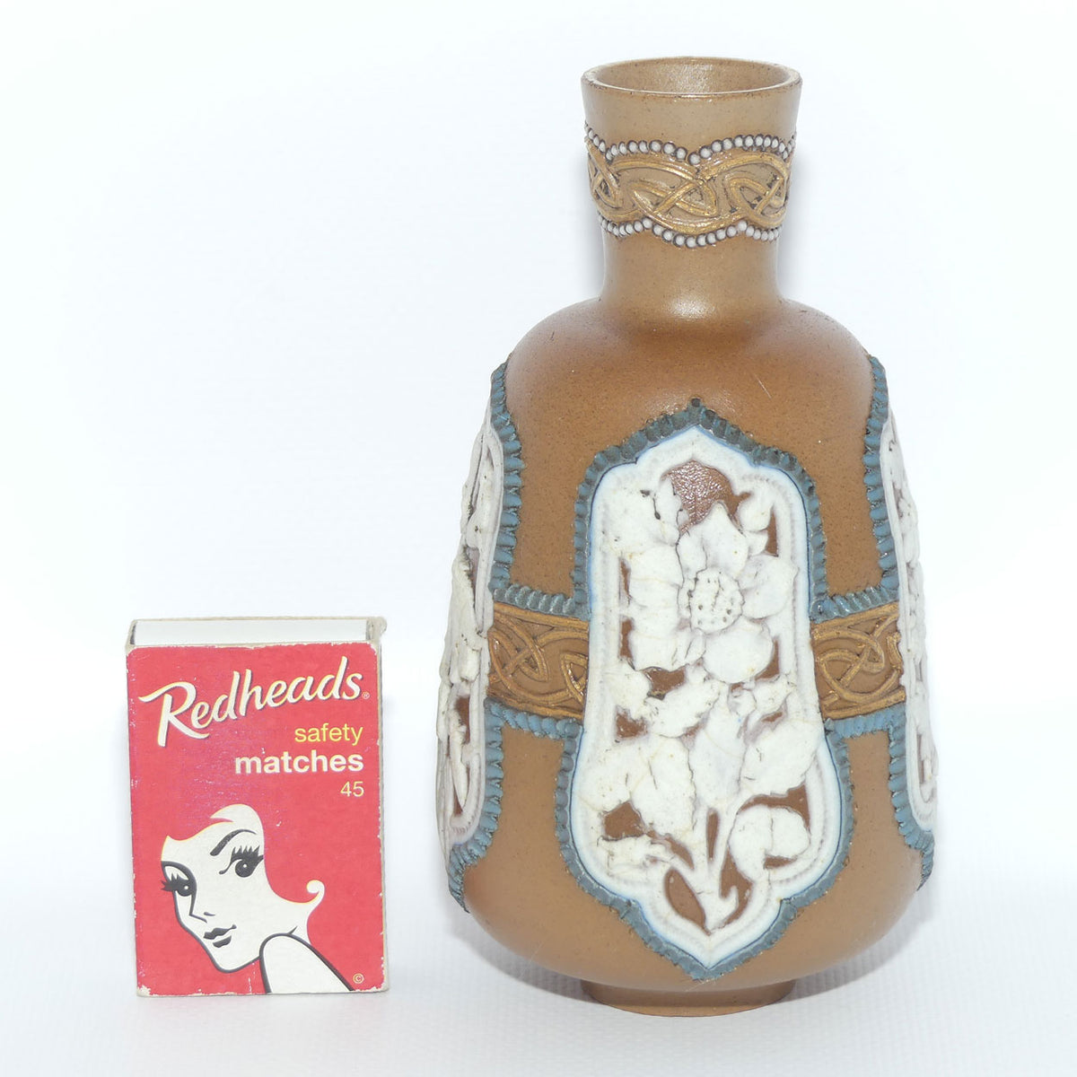 Doulton Lambeth Silicon Floral decorated vase with Blue Beading | Celtic Scrolling