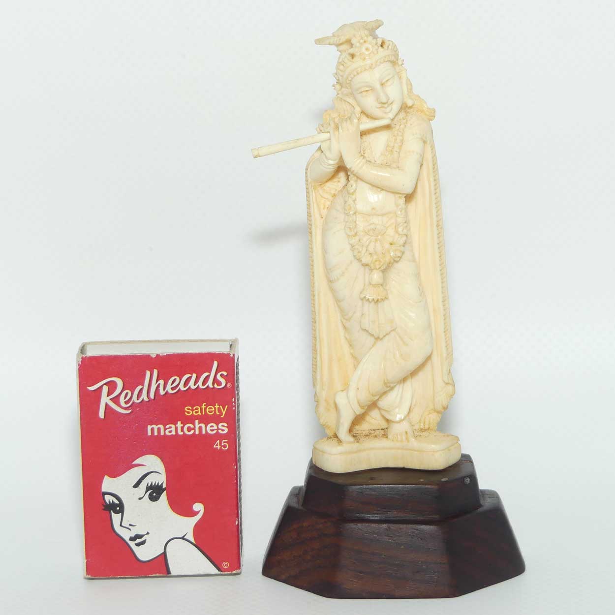Carved Ivory Figure on Rosewood base | Krishna playing Flute | 13cm