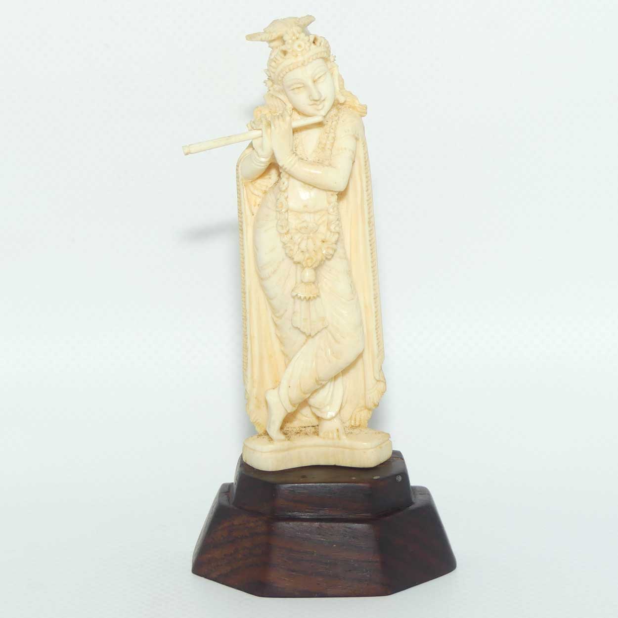 Carved Ivory Figure on Rosewood base | Krishna playing Flute | 13cm