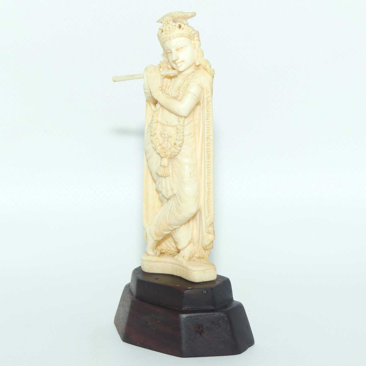 Carved Ivory Figure on Rosewood base | Krishna playing Flute | 13cm