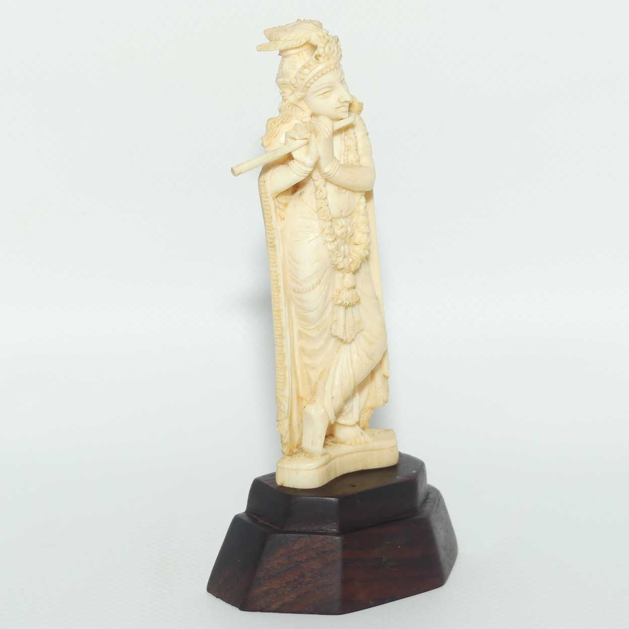 Carved Ivory Figure on Rosewood base | Krishna playing Flute | 13cm