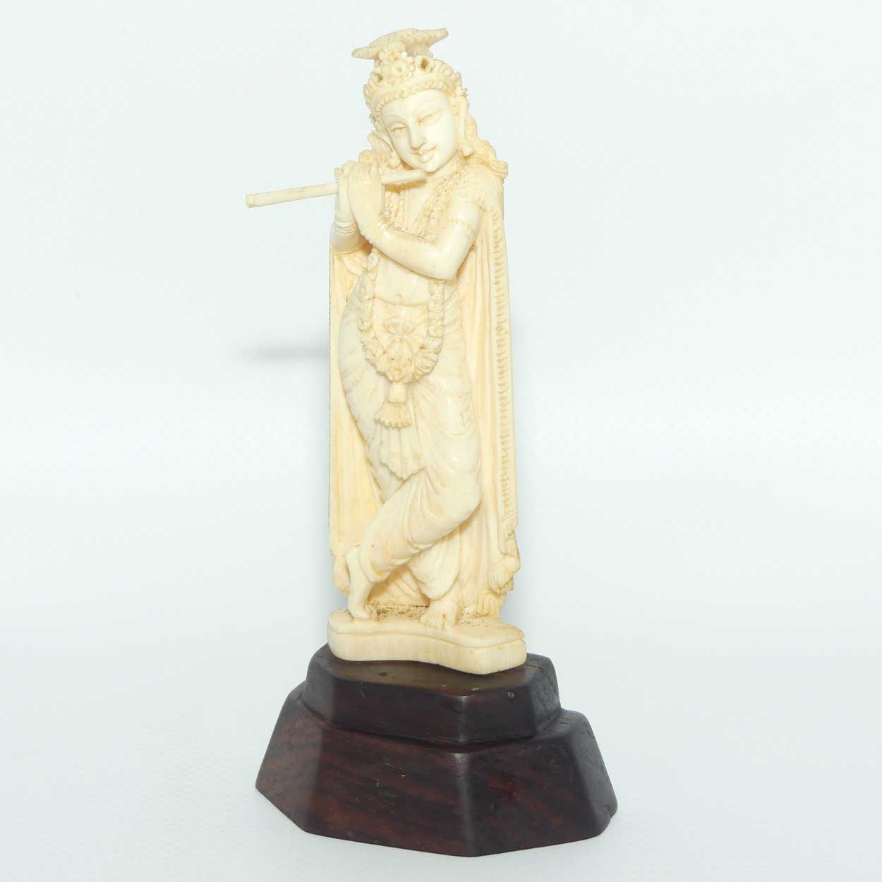 Carved Ivory Figure on Rosewood base | Krishna playing Flute | 13cm