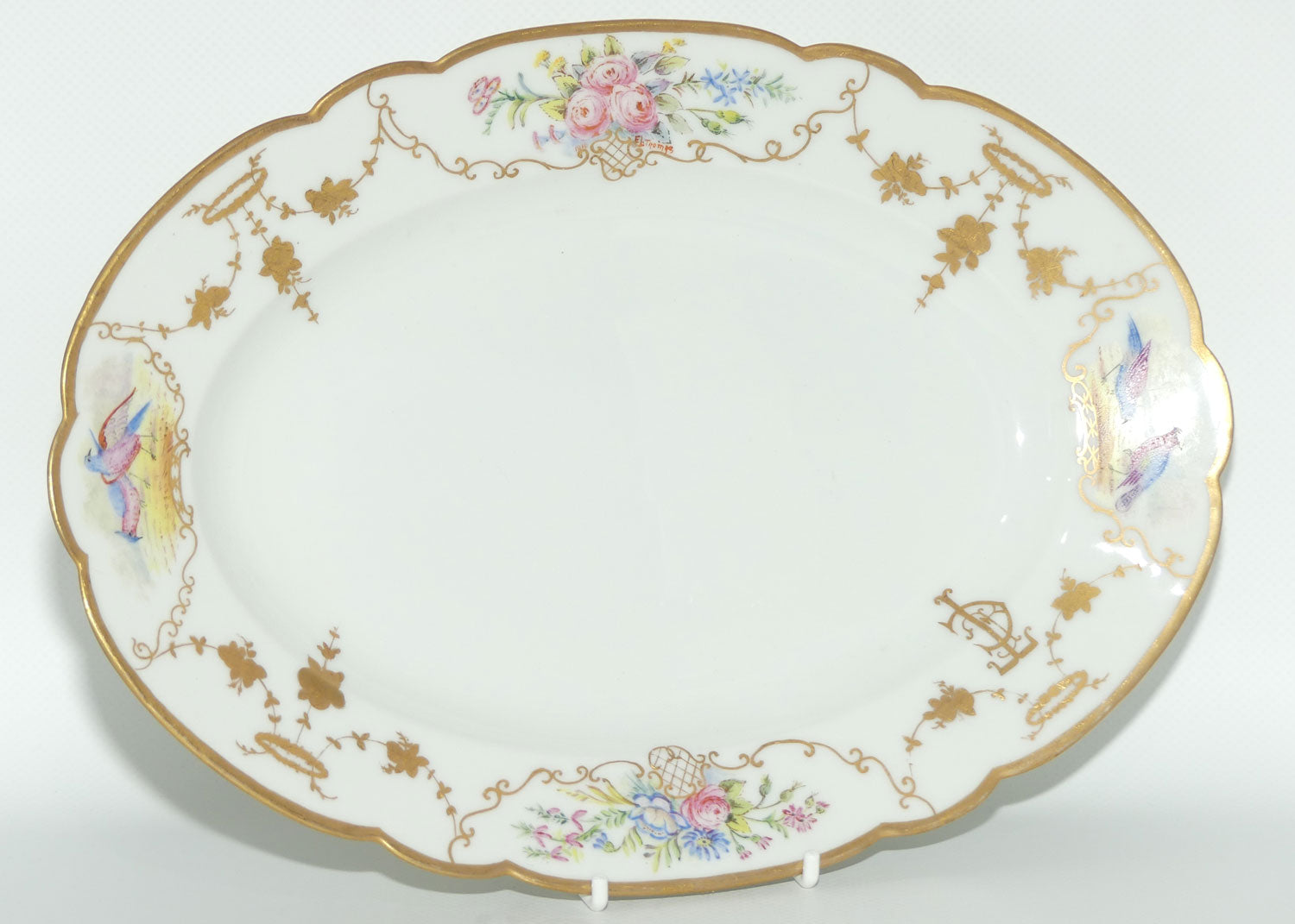 Early Australian China Painted small meat platter decorated with Asiatic Pheasants | 28.5cm | by Ethel L Thomas 1910