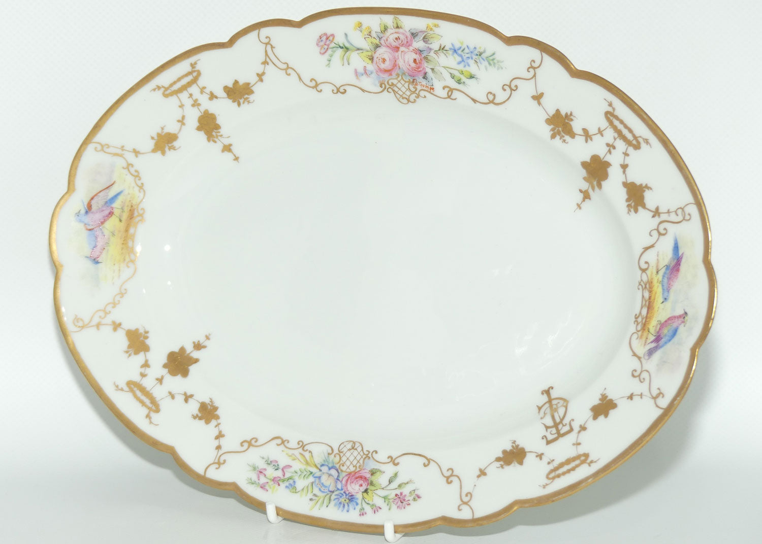 Early Australian China Painted small meat platter decorated with Asiatic Pheasants | 28.5cm | by Ethel L Thomas 1910