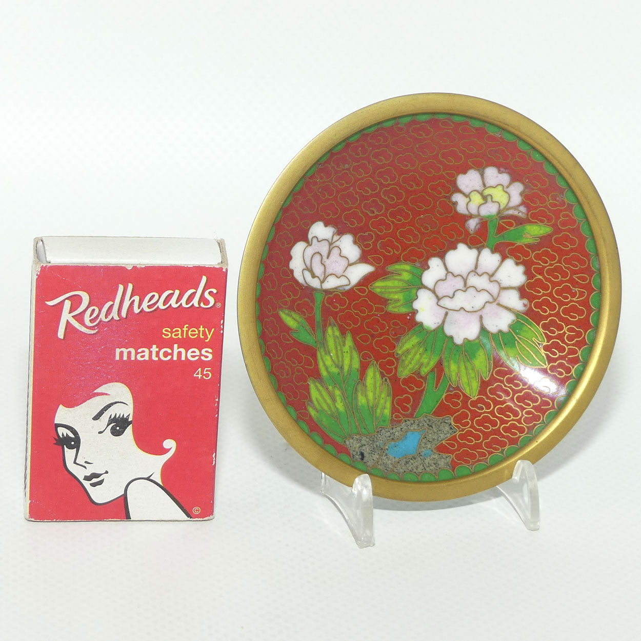 Cloisonne Pin Dish | Red Ground | Floral motif | 8cm diam