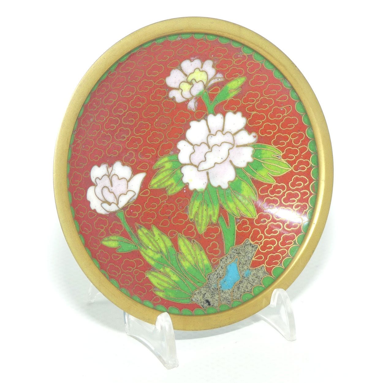Cloisonne Pin Dish | Red Ground | Floral motif | 8cm diam