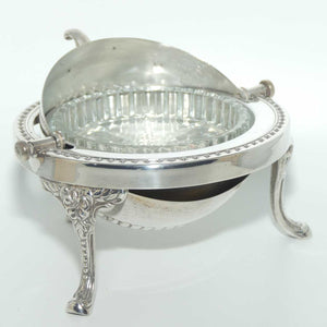 Small Round 3 legged Silver Plated butter cooler with glass insert