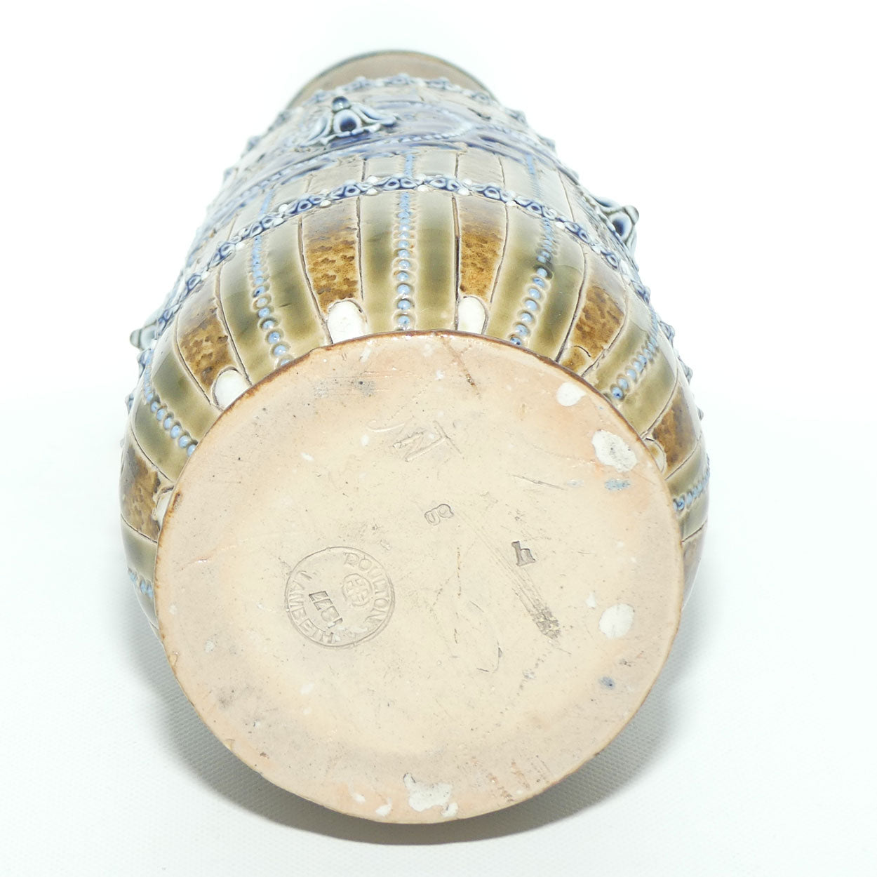 Doulton Lambeth George Tinworth stoneware smaller bulbous vase with applied beads, rosettes and foliage