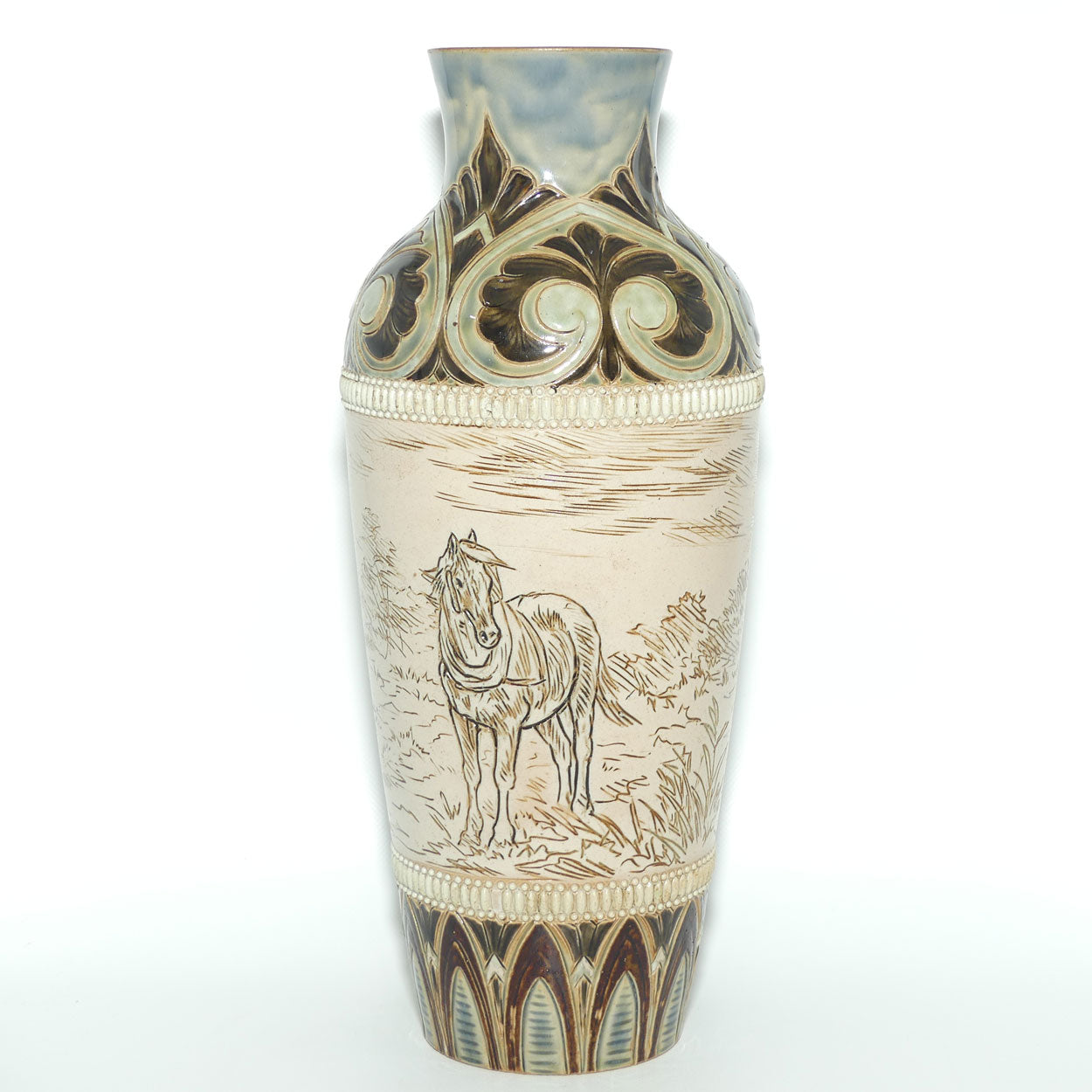 Doulton Lambeth Hannah Barlow stoneware vase depicting horses with applied beads and embellishments