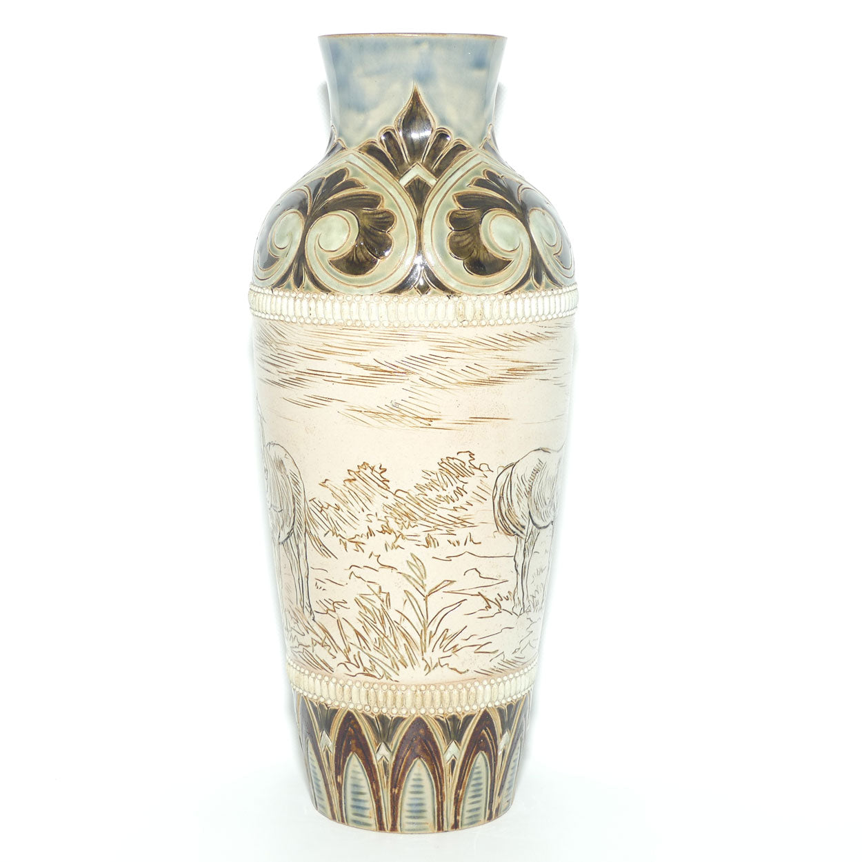 Doulton Lambeth Hannah Barlow stoneware vase depicting horses with applied beads and embellishments