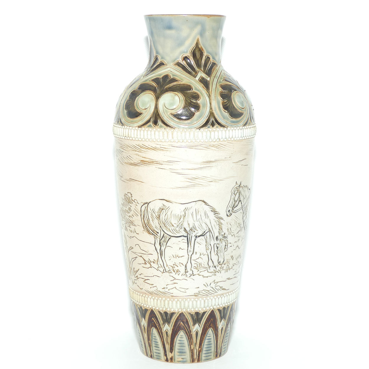 Doulton Lambeth Hannah Barlow stoneware vase depicting horses with applied beads and embellishments