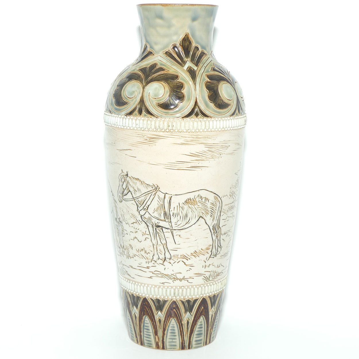 Doulton Lambeth Hannah Barlow stoneware vase depicting horses with applied beads and embellishments