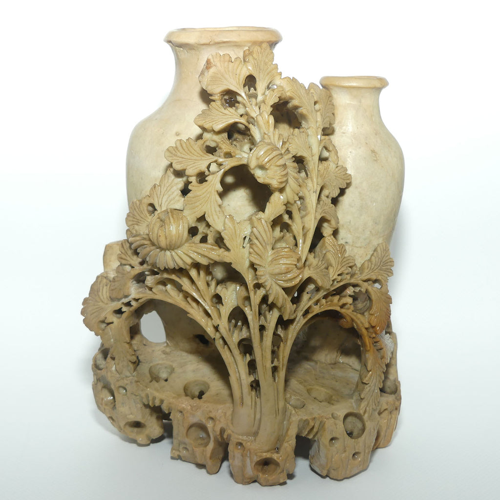 Elaborately Carved Soapstone Double Vase | Two Urns behind Floral Scene