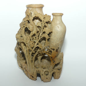 Elaborately Carved Soapstone Double Vase | Two Urns behind Floral Scene