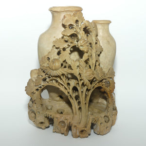 Elaborately Carved Soapstone Double Vase | Two Urns behind Floral Scene