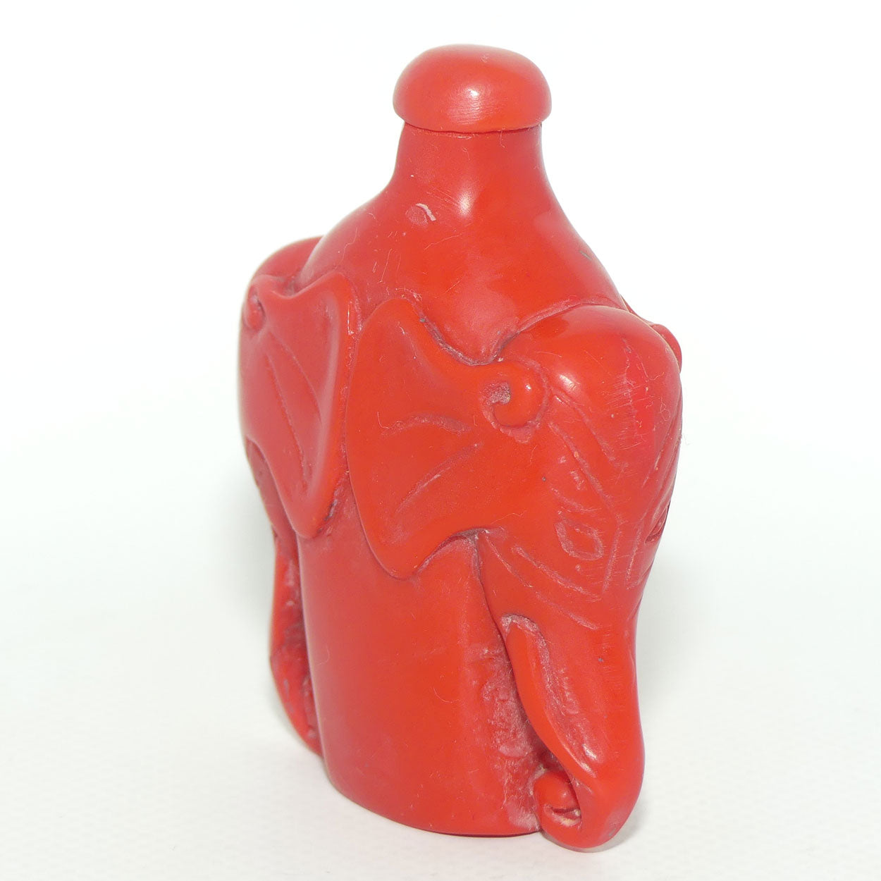 Cinnabar Snuff Bottle | Red stopper | Double Elephants