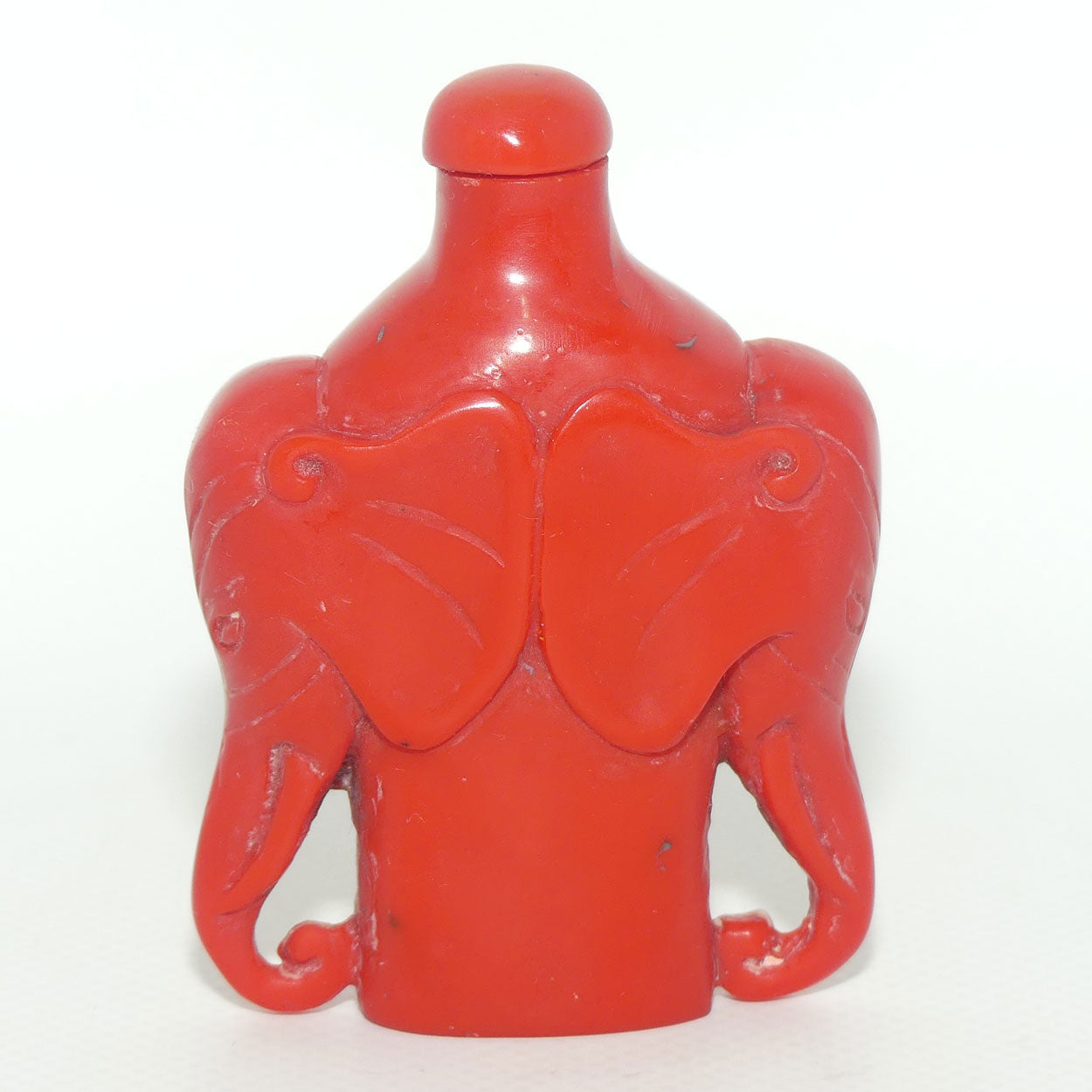 Cinnabar Snuff Bottle | Red stopper | Double Elephants