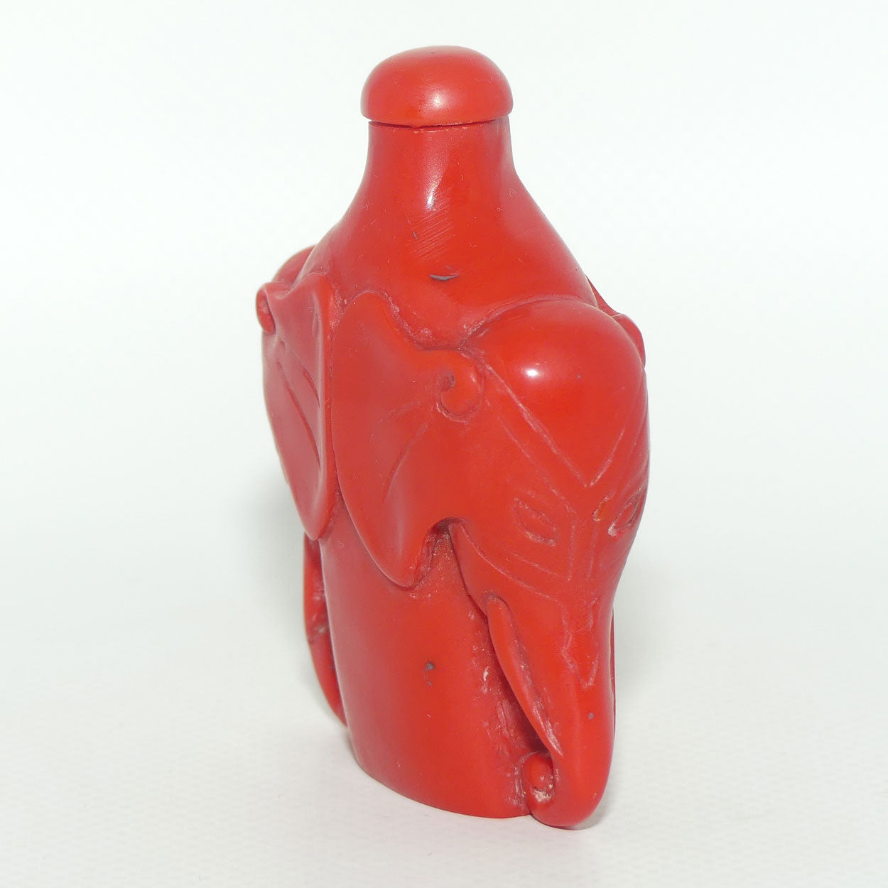 Cinnabar Snuff Bottle | Red stopper | Double Elephants