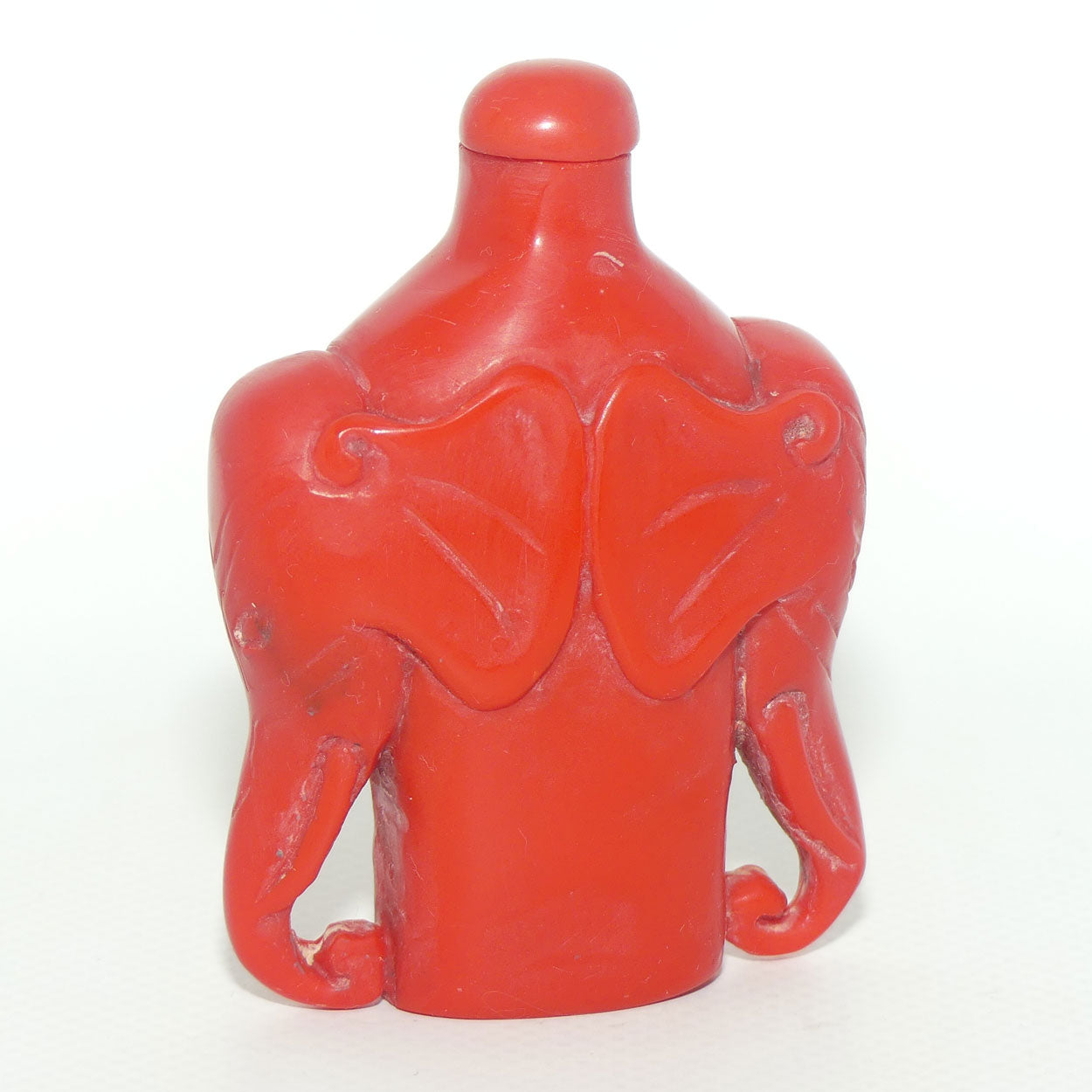 Cinnabar Snuff Bottle | Red stopper | Double Elephants