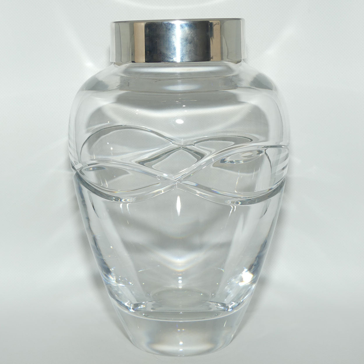 Carrs of Sheffield Large and Heavy English Crystal vase with Infiniti design | Sterling Silver Rim | Sheffield 2006