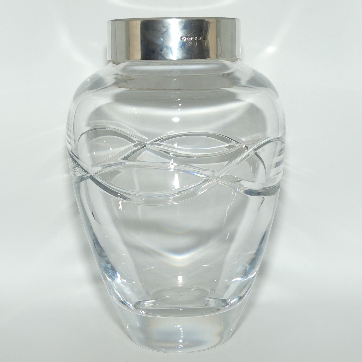 Carrs of Sheffield Large and Heavy English Crystal vase with Infiniti design | Sterling Silver Rim | Sheffield 2006