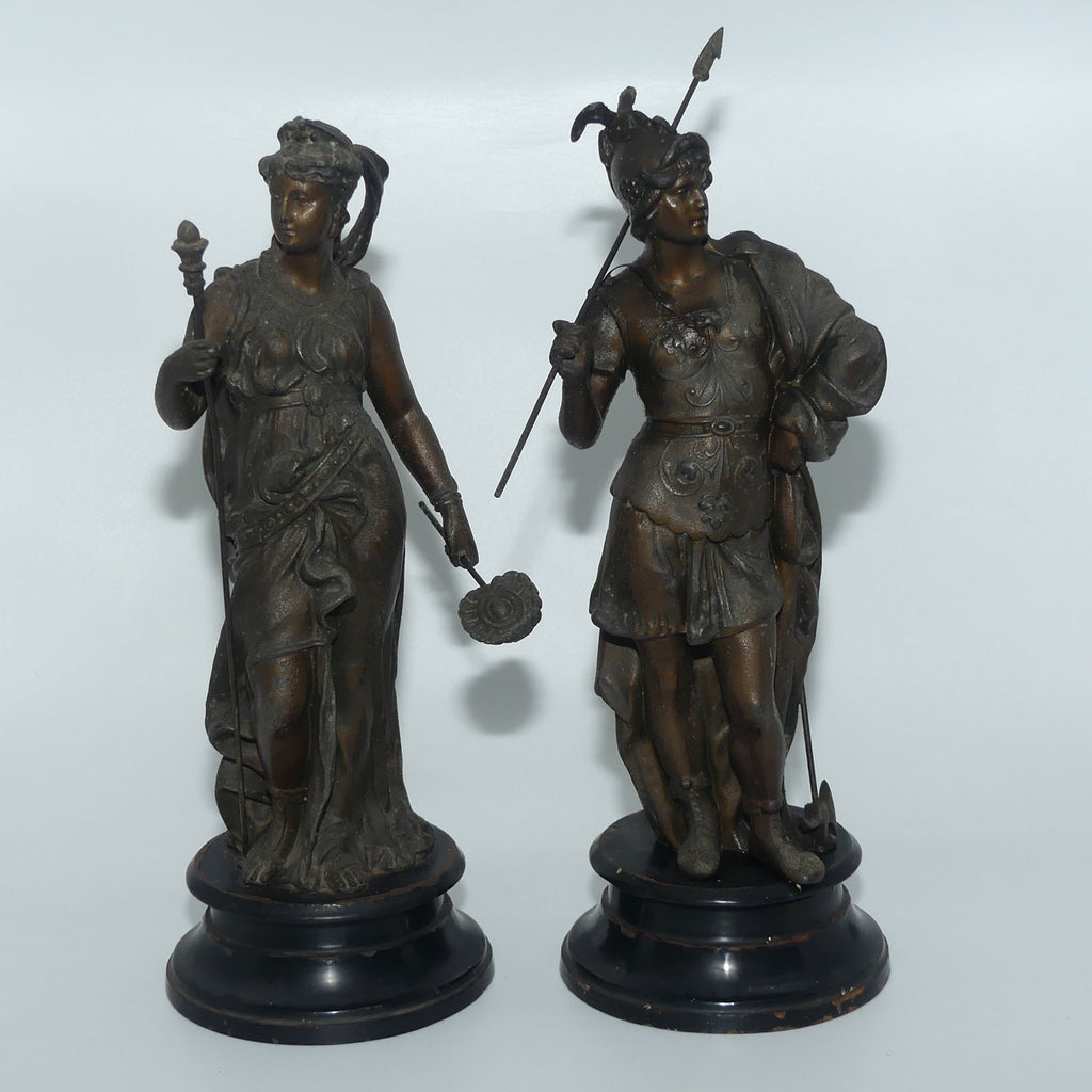 Pair late Victorian Spelter figures | Warrior and Maiden