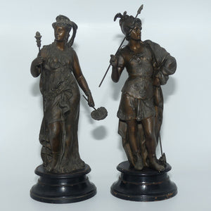 Pair late Victorian Spelter figures | Warrior and Maiden