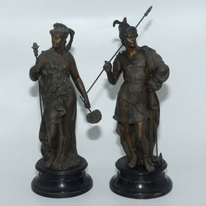 Pair late Victorian Spelter figures | Warrior and Maiden