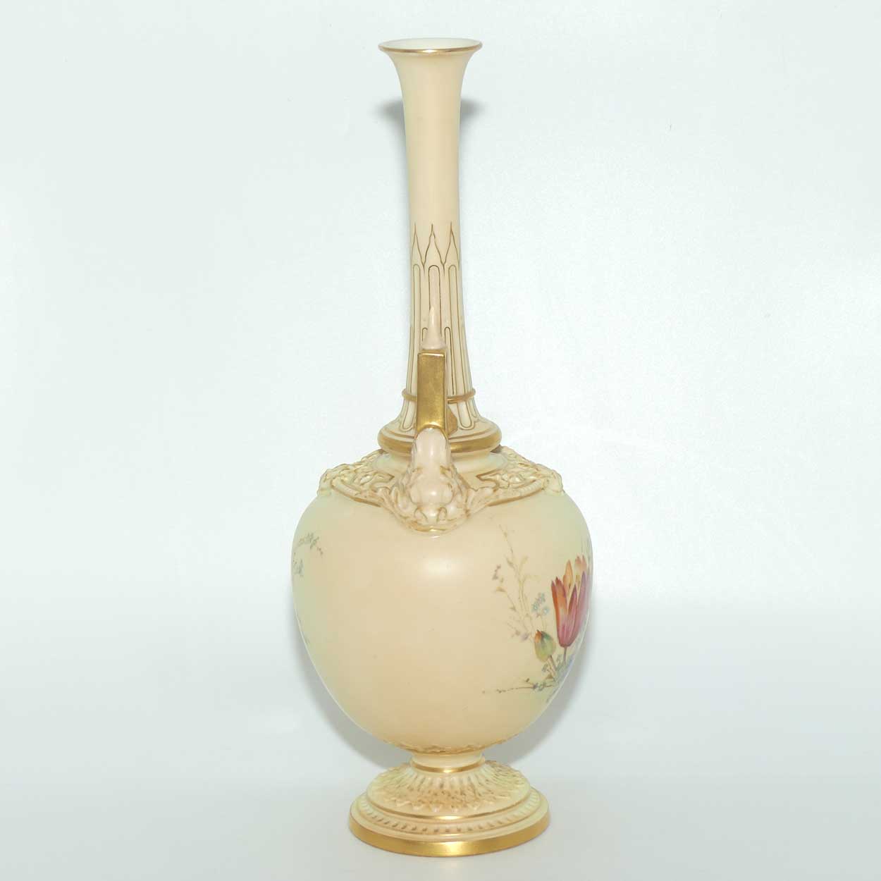 Royal Worcester Blush Ivory hand painted floral vase with spire handles (Raby)