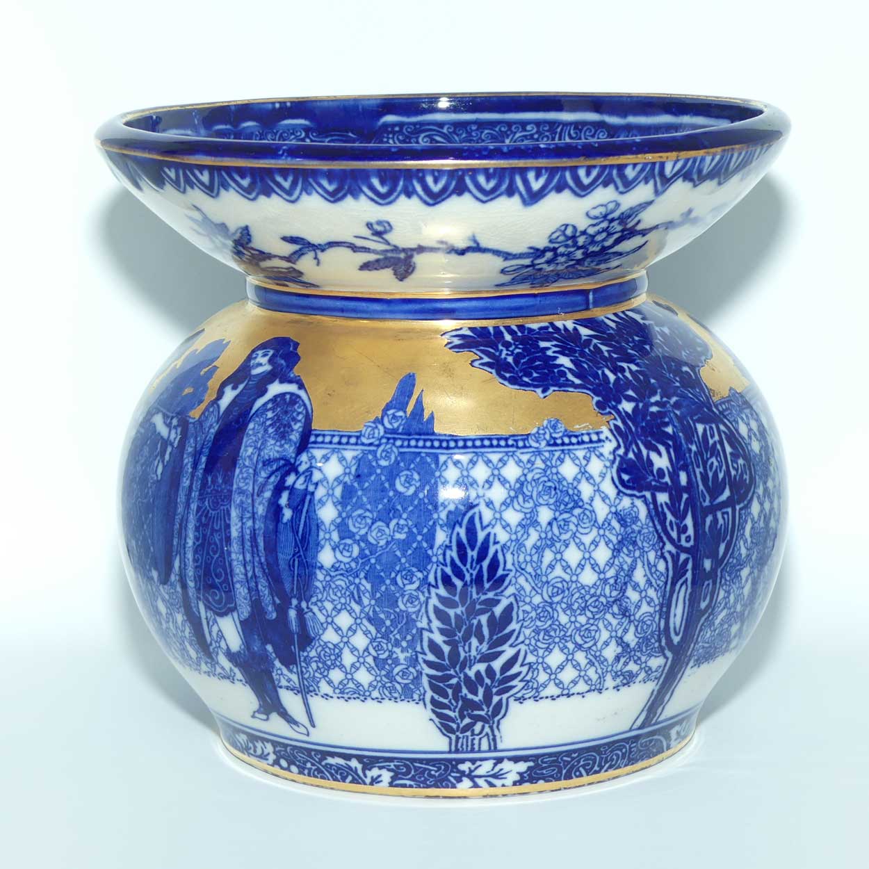 Royal Doulton Flow Blue and Gilt Morrisian fern pot  | Depicts Will H. Bradley's Eastern Figures D540