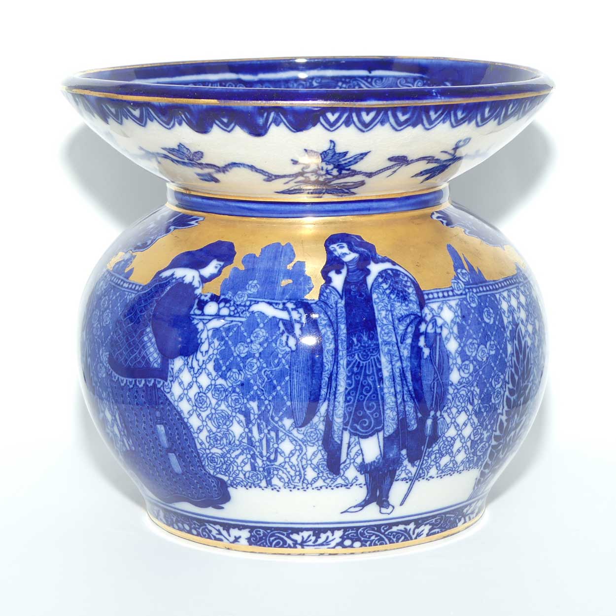 Royal Doulton Flow Blue and Gilt Morrisian fern pot  | Depicts Will H. Bradley's Eastern Figures D540