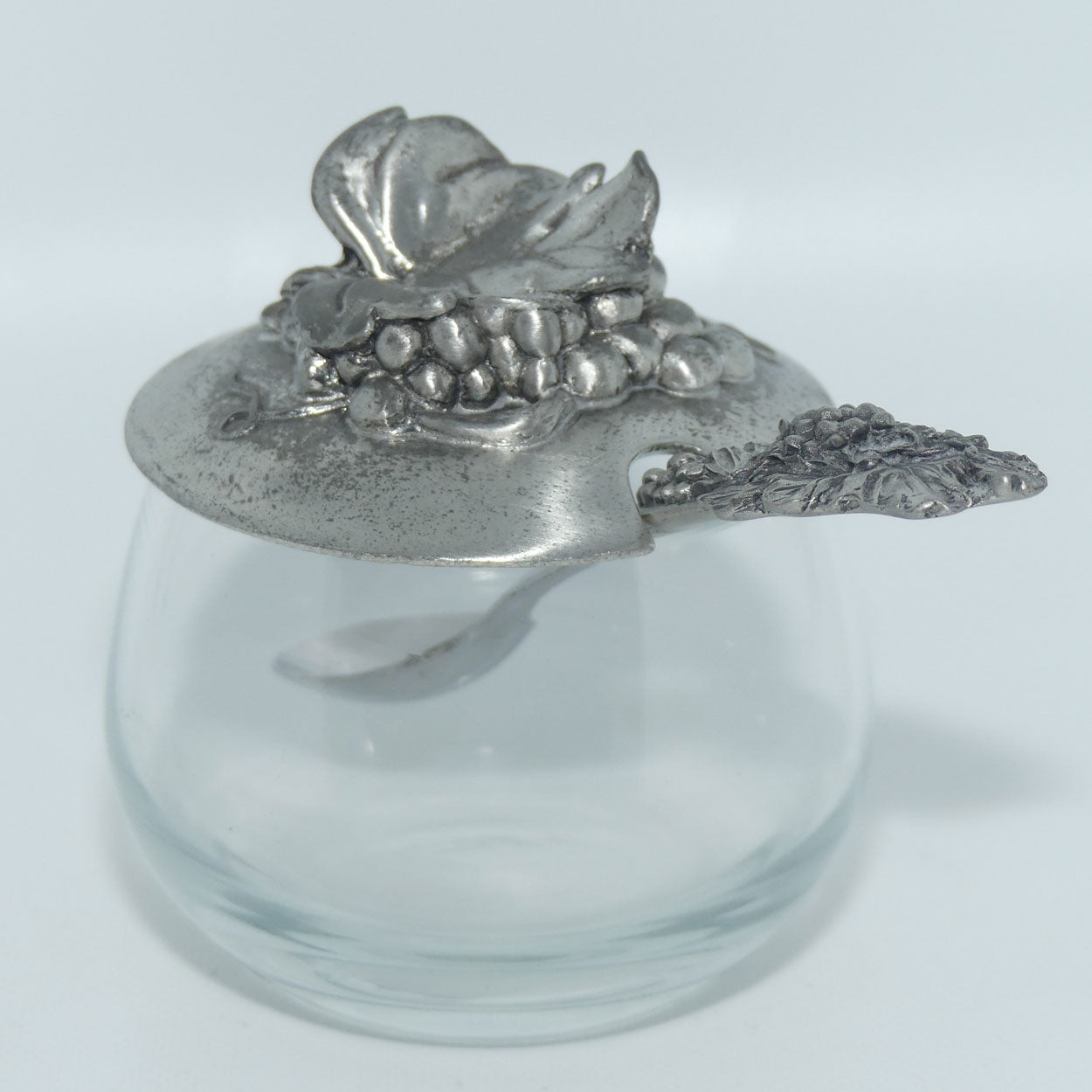Seagull Pewter Grape and Vine lidded pot and spoon