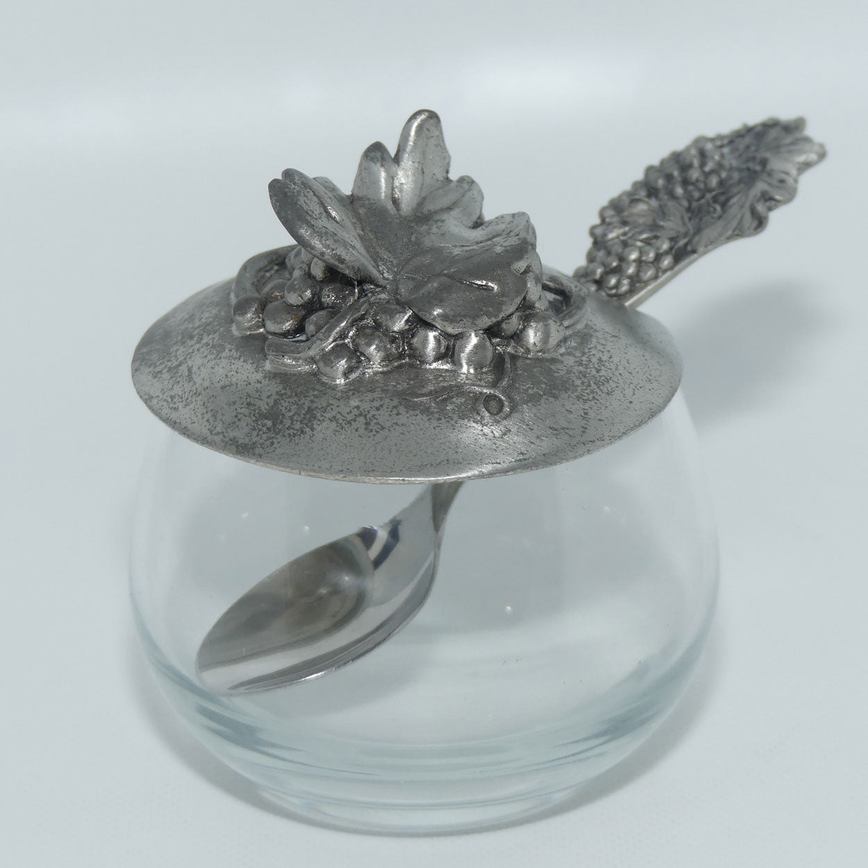 Seagull Pewter Grape and Vine lidded pot and spoon