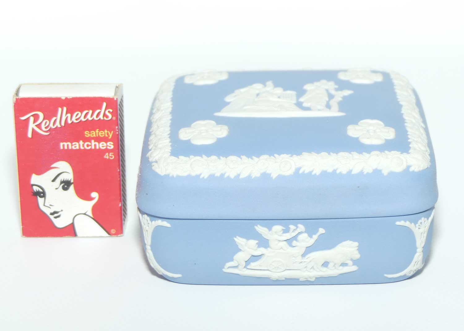 Wedgwood Jasper | White on Pale Blue | Well decorated square box | Four Leaf Clovers