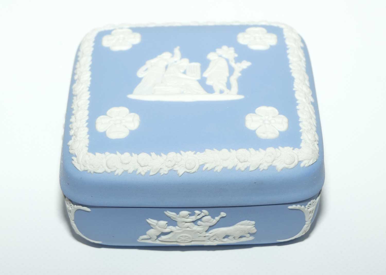 Wedgwood Jasper | White on Pale Blue | Well decorated square box | Four Leaf Clovers