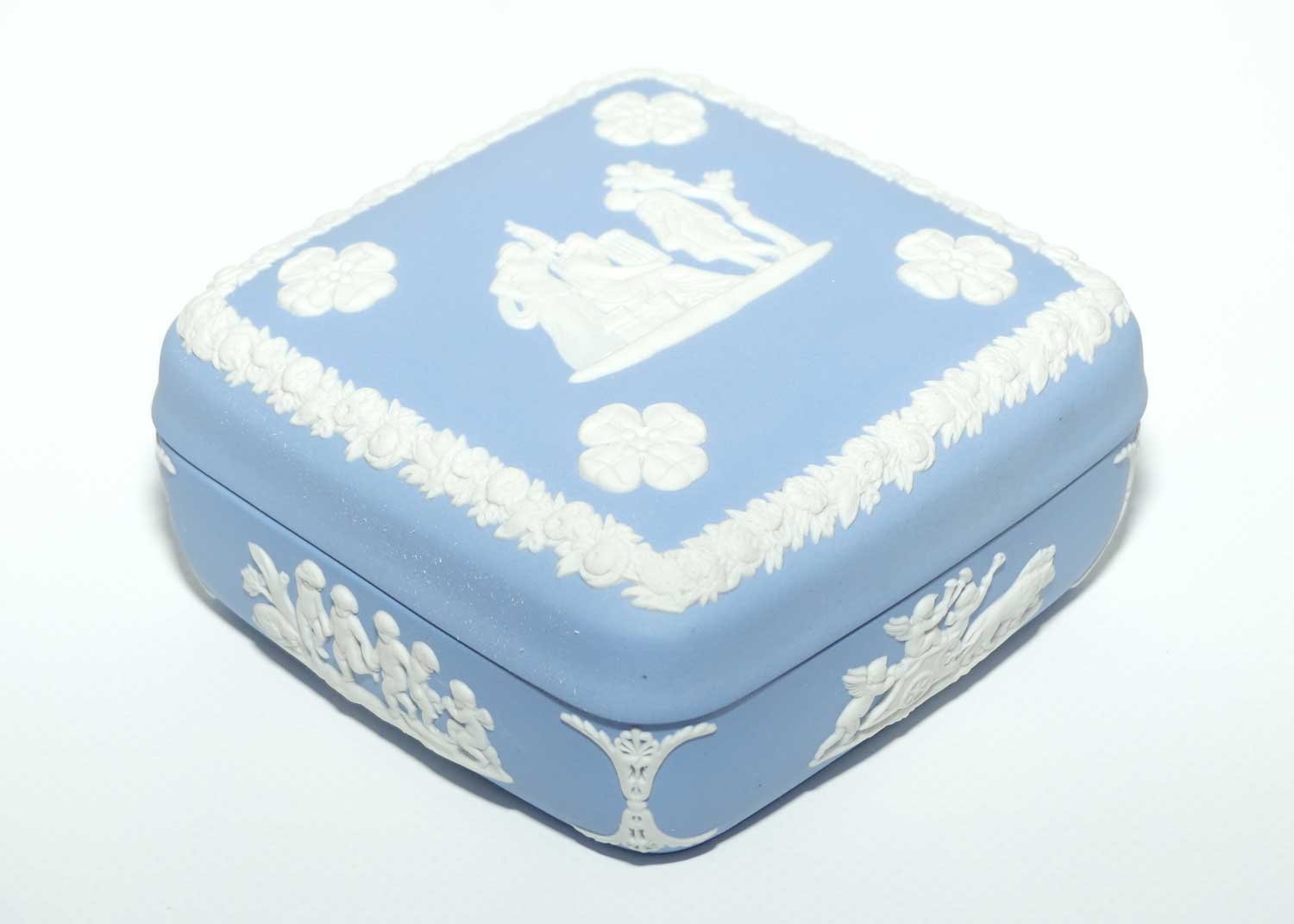 Wedgwood Jasper | White on Pale Blue | Well decorated square box | Four Leaf Clovers