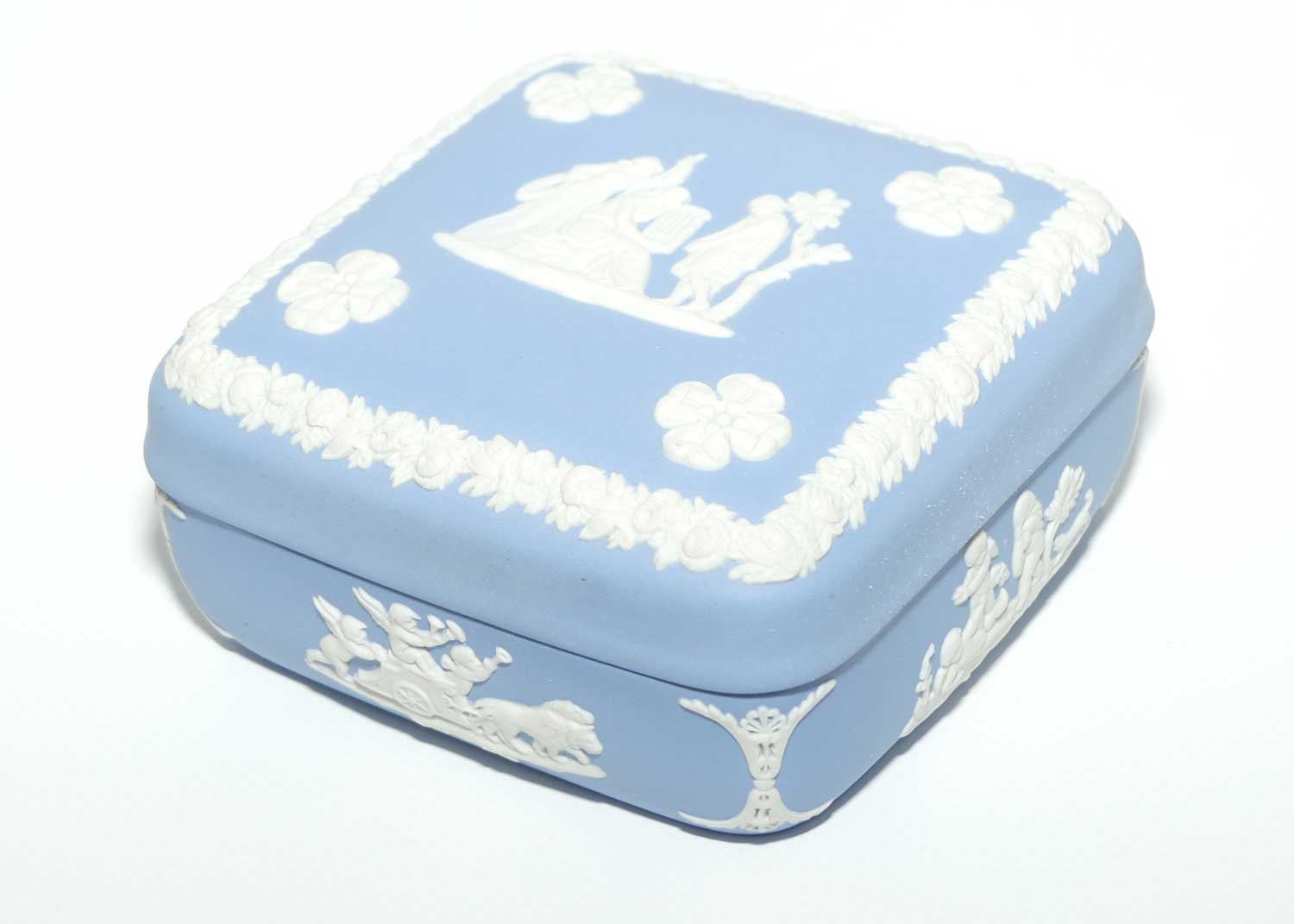 Wedgwood Jasper | White on Pale Blue | Well decorated square box | Four Leaf Clovers