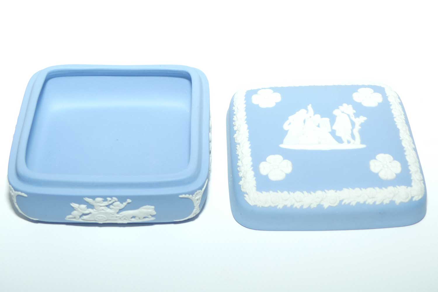 Wedgwood Jasper | White on Pale Blue | Well decorated square box | Four Leaf Clovers