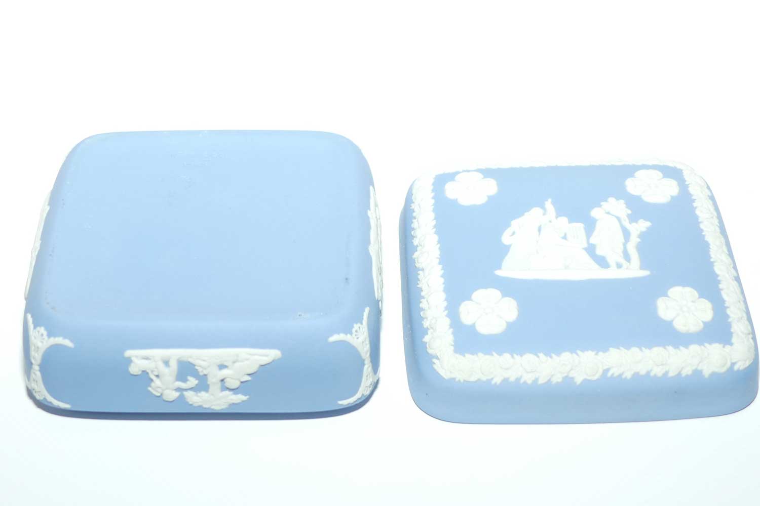 Wedgwood Jasper | White on Pale Blue | Well decorated square box | Four Leaf Clovers