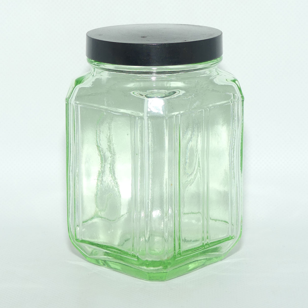 Green Glass square screw top jar | Bakelite lid | 13cm tall | #1