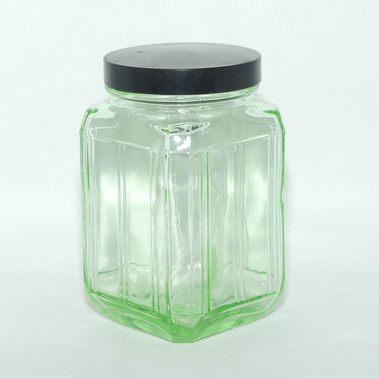 Green Glass square screw top jar | Bakelite lid | 13cm tall | #1