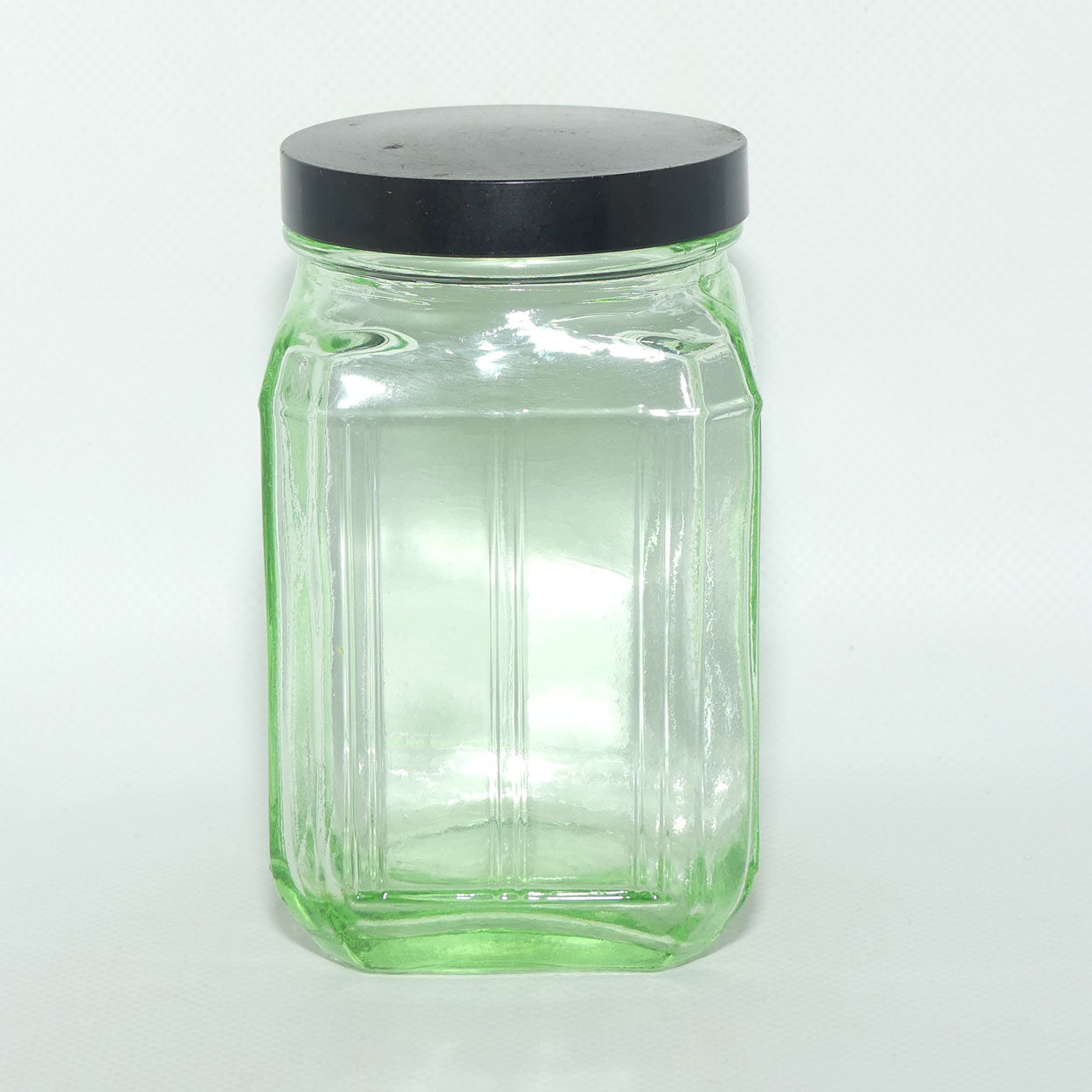 Green Glass square screw top jar | Bakelite lid | 13cm tall | #1