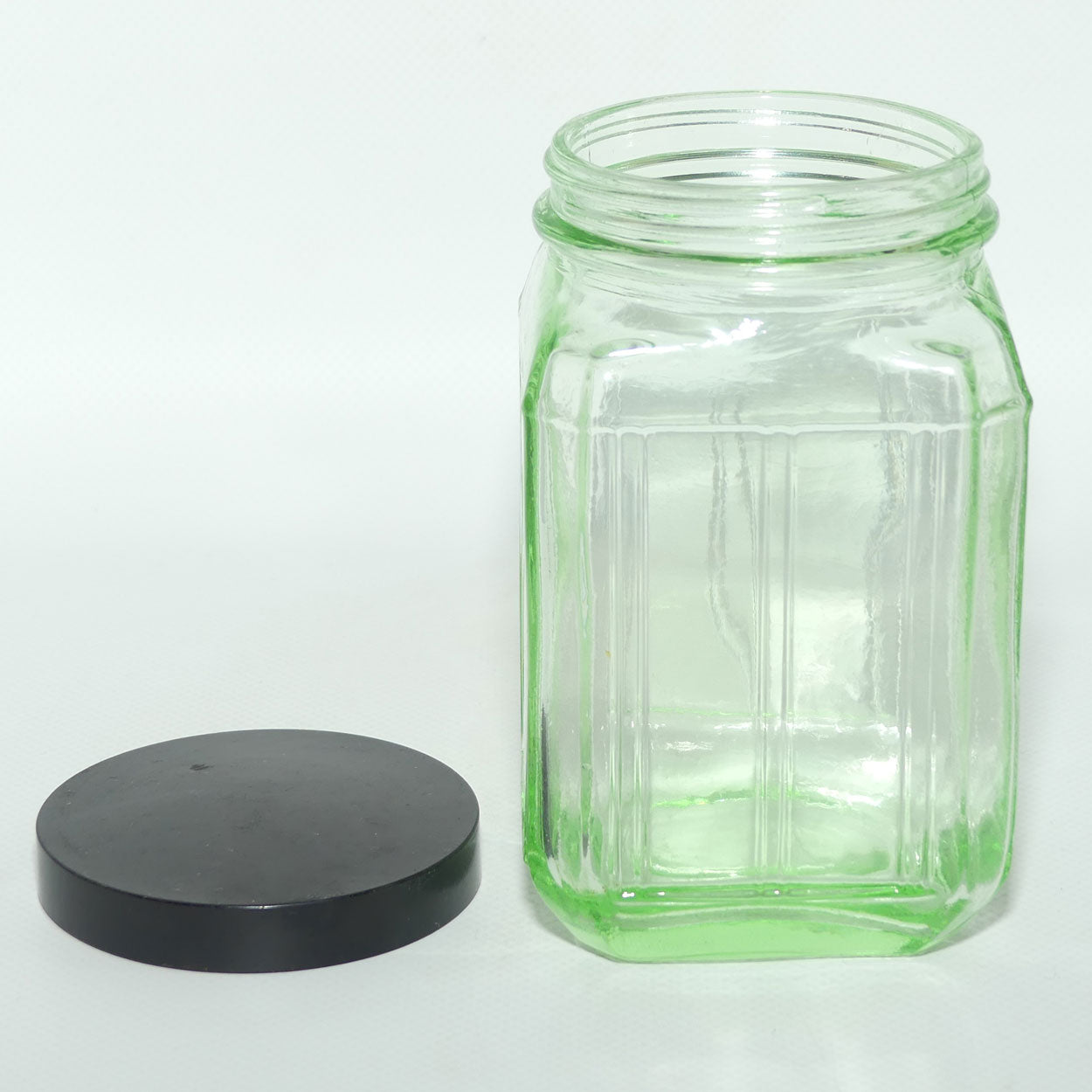 Green Glass square screw top jar | Bakelite lid | 13cm tall | #1